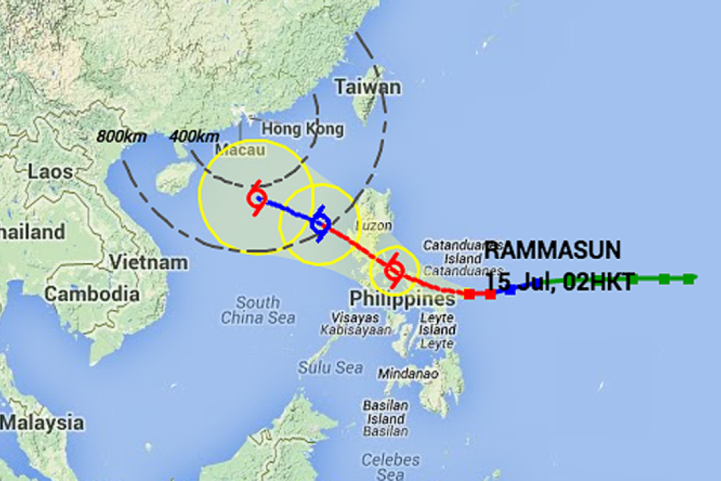 Typhoon Rammasun will hit the Philippines before entering the South China Sea and possibly heading towards Hong Kong, pushing bad weather ahead of it. Graphic: Hong Kong Observatory
