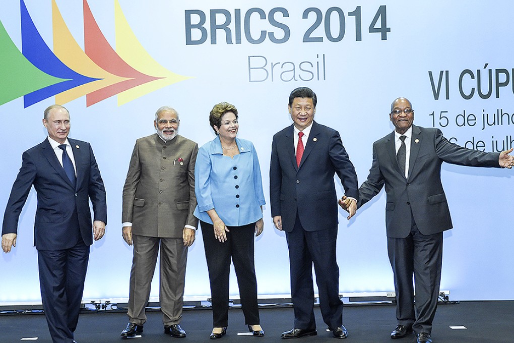 Russian President Vladimir Putin, Indian Prime Minister Narendra Modi, Brazilian President Dilma Rousseff, Chinese President Xi Jinping and South African President Jacob Zuma. Photo: Xinhua