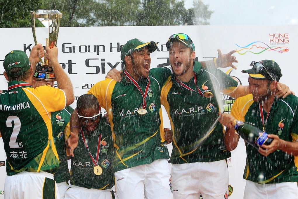 South Africa celebrate winning the cup final of the Hong Kong Sixes in October 2012. Photo: Jonathan Wong