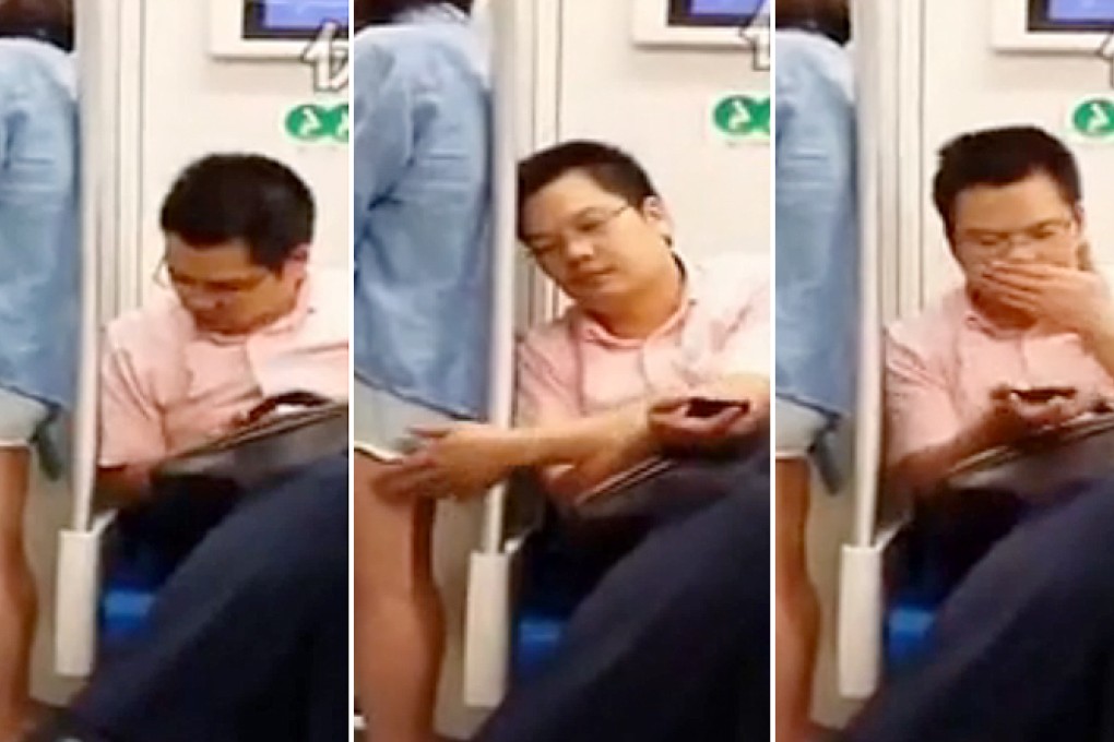 The wide-eyed man looks over at the woman's shorts before reaching out and stroking her. Once she moves away, he is suddenly engrossed by his phone. Photos: Screengrabs from Youku