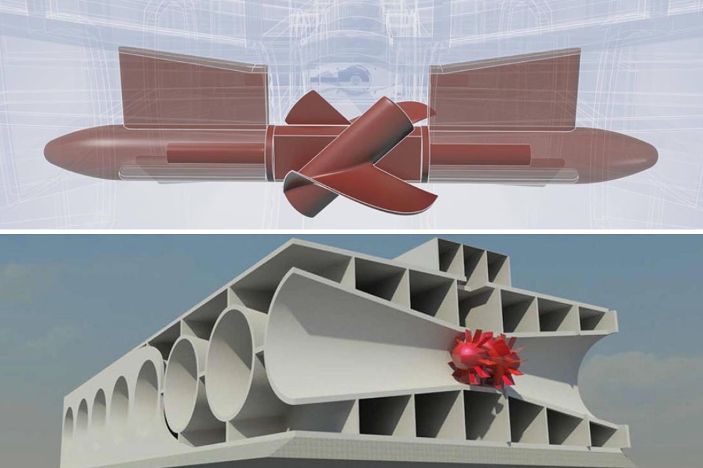 Studies of the turbine design. Up to 4,000 turbines could be installed in the dam, giving it a generating capacity of 15,000MW.