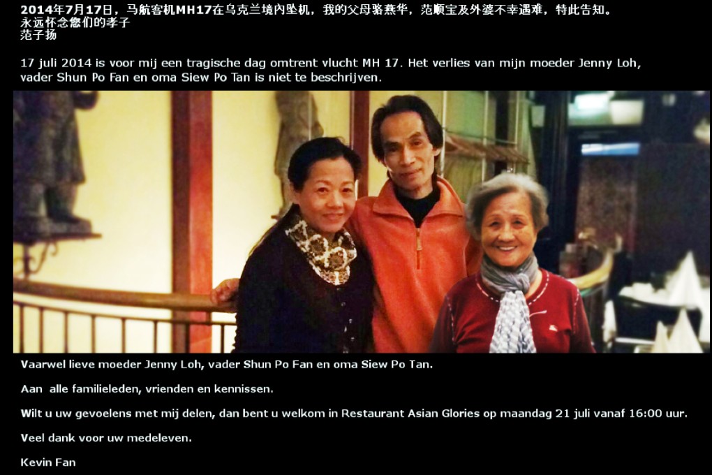 Kevin Fan paid tribute to his family on Facebook, writing in Dutch and Chinese. Photo: SCMP Pictures