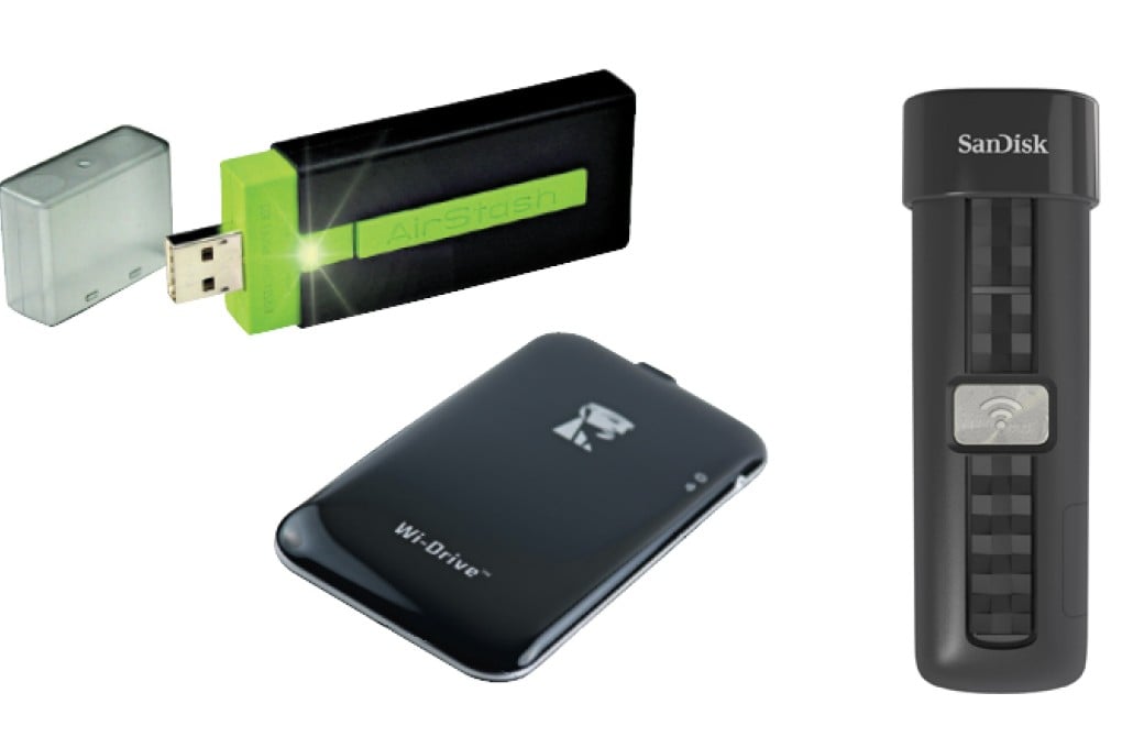Clockwise from top: Maxell AirStash, SanDisk Connect, Kingston Wi-Drive.