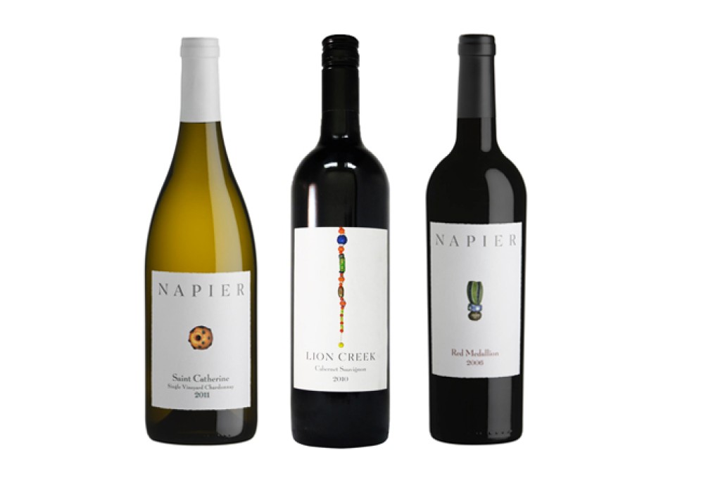 From left: Napier Saint Catherine Single Vineyard Chardonnay 2010, Napier Lion Creek Cabernet Sauvignon 2010, Napier Red Medallion 2006.