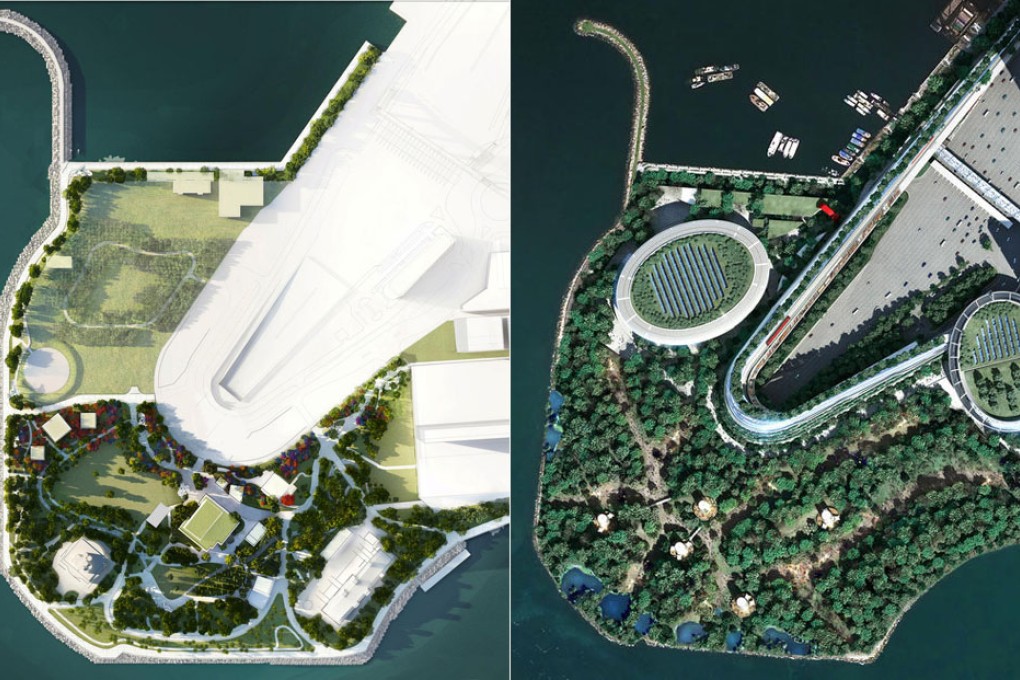 The new, low-cost landscape design of the Kowloon park (left) compared to the earlier proposal which was 80 per cent landscaped.