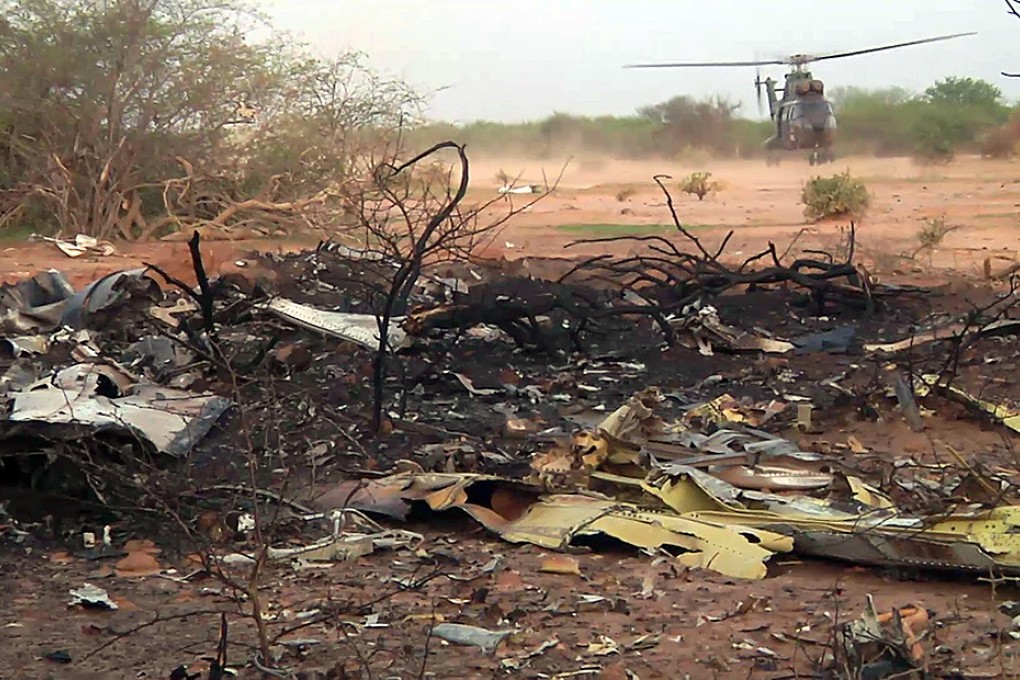 A French army helicopter at the site of the plane crash in Mali. Photo: AFP