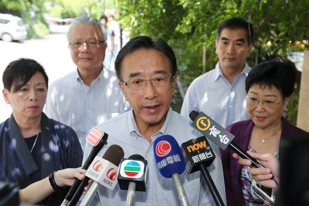 James Tien Pei-chun (centre) and other Liberals after meeting Zhang Dejiang in Shenzhen. Photo: Felix Wong