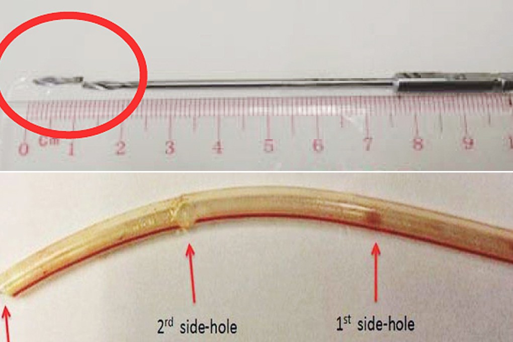 Two of the items left in patients' bodies following surgery: a 1cm drill bit which snapped off during hip surgery, and a 12cm silicon tube. Photos: HA Risk Alert