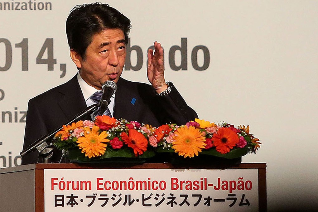 Abe addresses the Brazil-Japan Economic Forum in Sao Paulo on Saturday. Photo: Xinhua