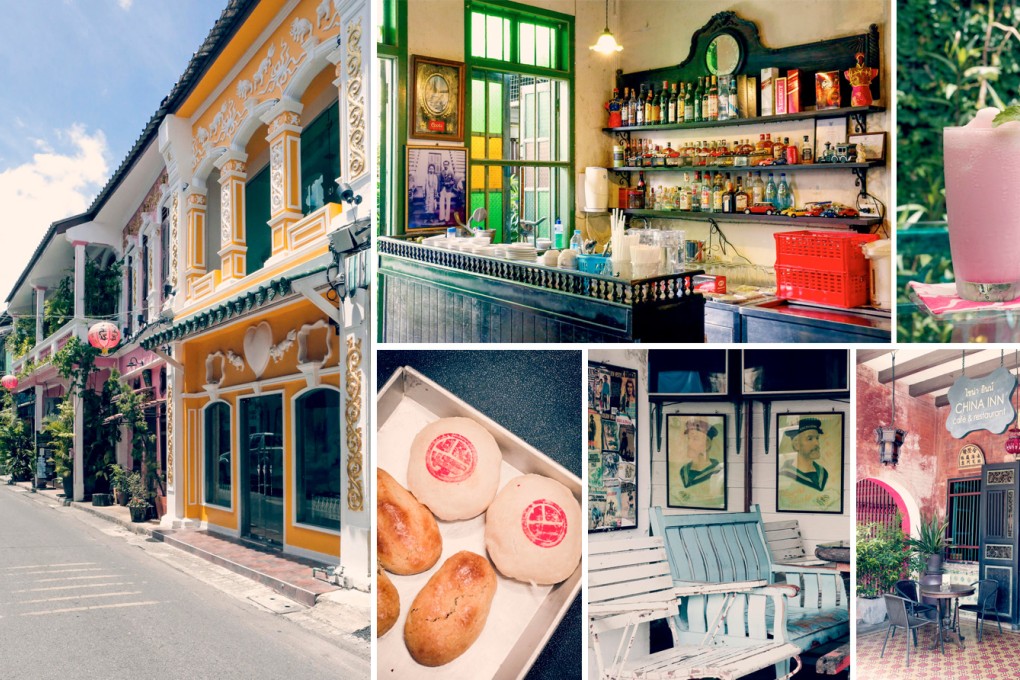 OUT AND ABOUT: (clockwise from above left) Rommanee Street; kitchen at Raya; cocktail at China Inn; the restaurant's rustic entrance, and interior; baked goods from Keng-Tin sweet shop. Photos: PEDDUCK