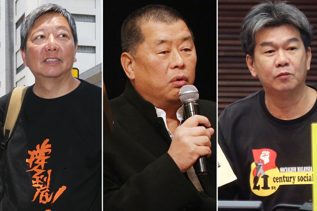 (Left to right) Labour Party legislator Lee Cheuk-yan, media tycoon Jimmy Lai Chee-ying and legislator Leung Kwok-hung.