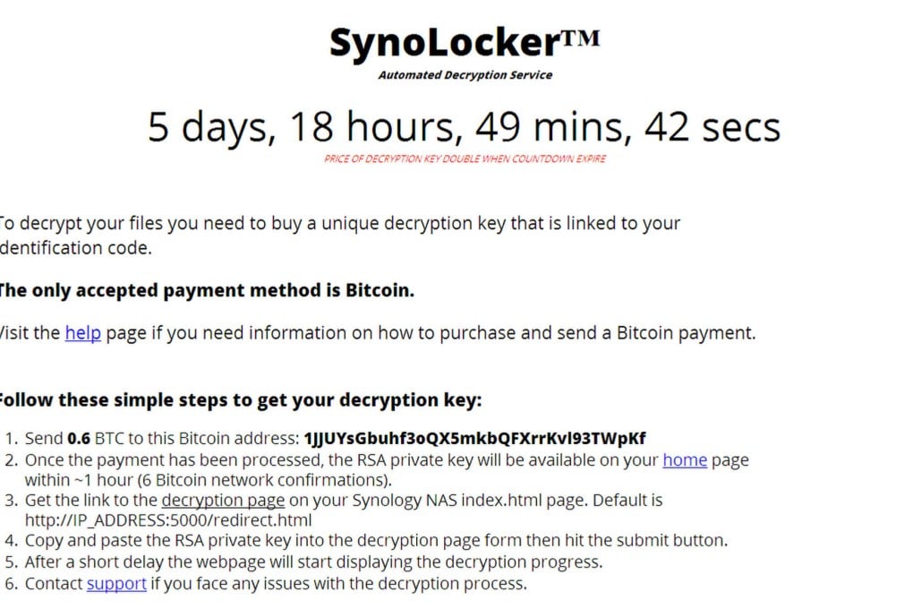 The webpage that appears on computers hacked by Synolocker