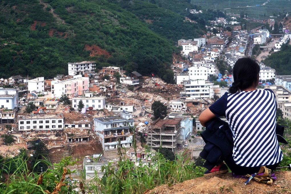 This aerial photo shows Longtoushan Town under Ludian County of Zhaotong, southwest China's Yunnan Province, after a 6.5-magnitude earthquake hit here. Photo: AFP