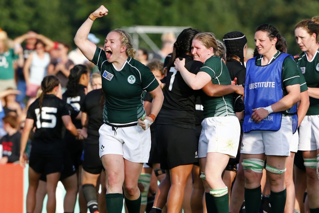 Ireland players celebrate becoming the first team since 1991 to beat New Zealand in the Women’s Rugby World Cup. Photo: IRB