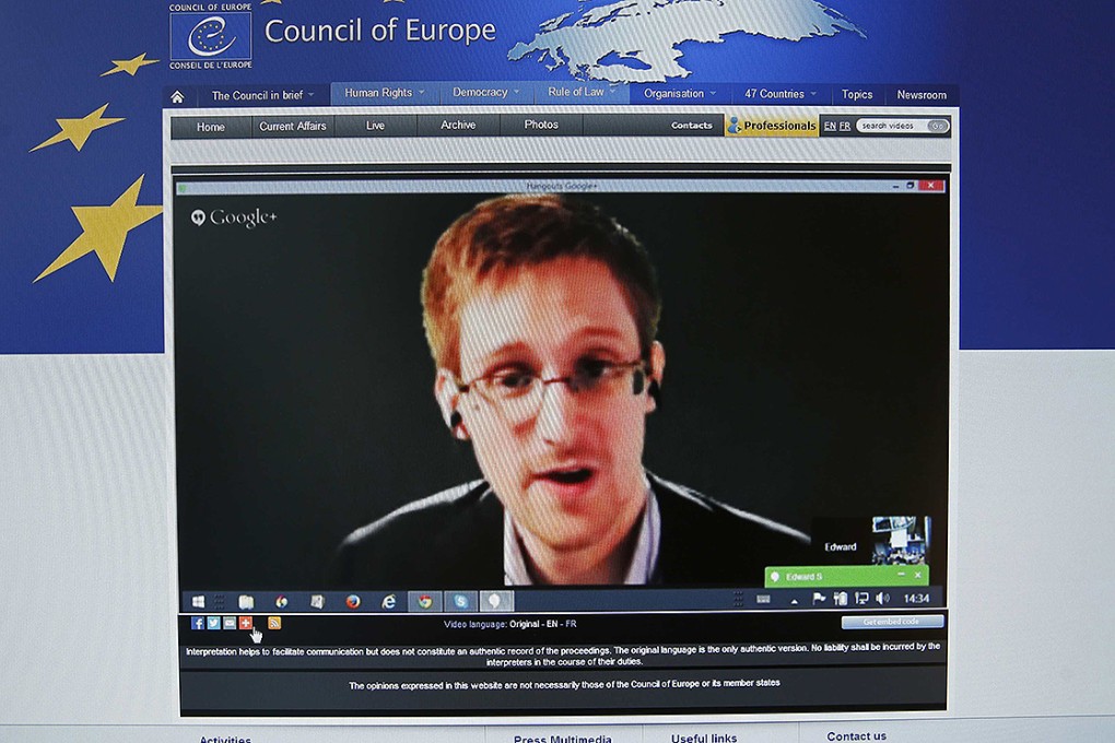 Edward Snowden speaks via video link from Moscow. Photo: Reuters