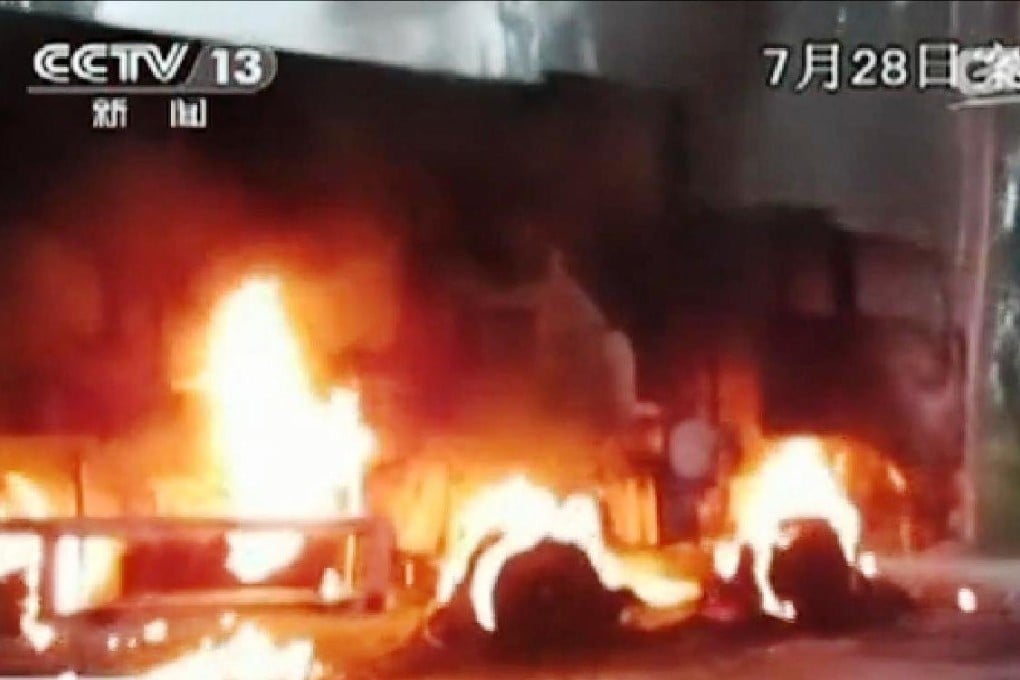 A truck is seen burning in what CCTV said was footage of the immediate aftermath of the Kashgar attack. Photo: Screengrab