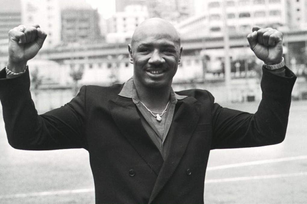 Former world middleweight champion Marvelous Marvin Hagler shows the tools of his trade during a 1988 visit to Hong Kong. Photo: M Chan/SCMP
