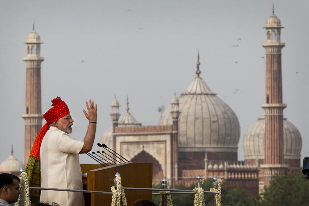 Indian Prime Minister Narendra Modi addresses the nation from the ramparts of the historic Red Fort in New Delhi. Photo: AP