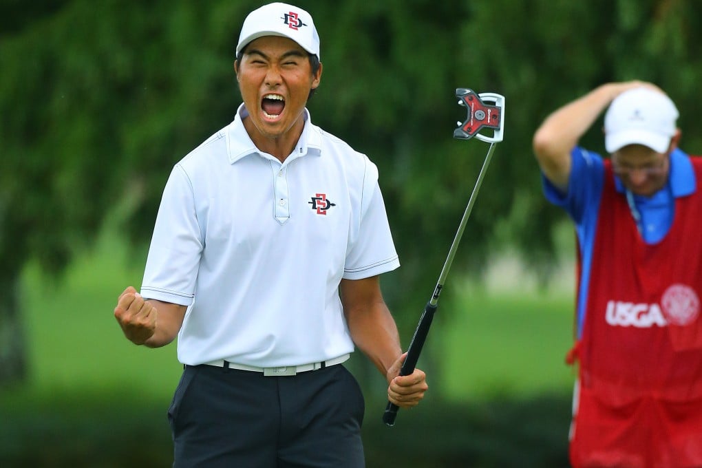 Gunn Yang pumps his fist in celebration after winning the US Amateur title at Atlanta Athletic Club. Photo: AP