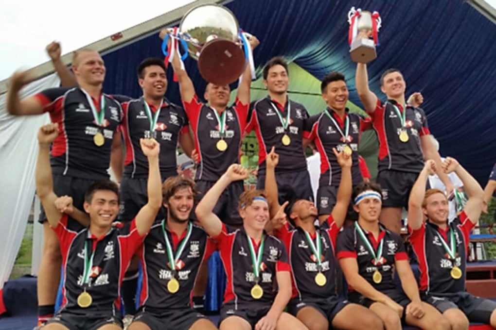 Hong Kong celebrate winning the opening leg of the 2014 ARFU U20 Sevens Series in Johor Bahru, Malaysia. Photo: Asian Rugby Football Union