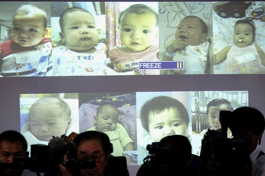 Surrogate babies that Thai police suspect were fathered by Mitsutoki Shigeta are shown on a screen during a news conference at the headquarters of the Royal Thai Police in Bangkok. Photo: Reuters