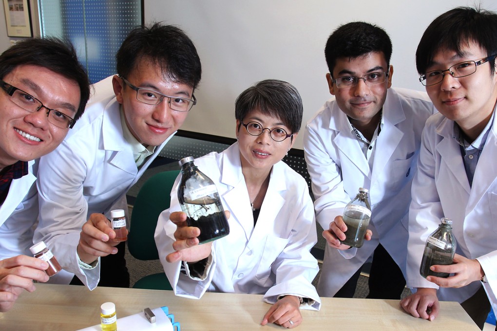 (From left) Vincent Woon Kok-sin; Jack Cheng Ying-kai; Department of Civil and Environmental Engineering Chairman, HKIE Environmental Division Professor Irene Lo; Musharib Khan and Simon Zhang Zhen, poses during a press conference on Purifies River Sediment by Advanced Remediation Technologies at the HKUST. Photo: May Tse