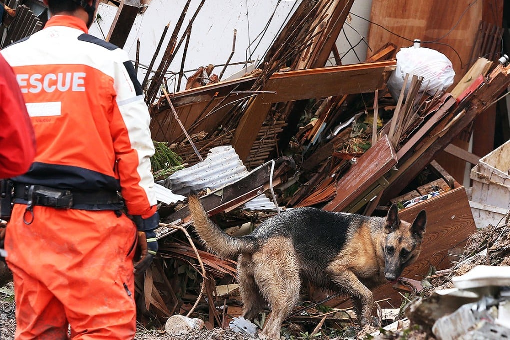 A dog and rescue workers search for victims in collapsed house two days after a landslide hit a residential area in Hiroshima. Photo: AFP