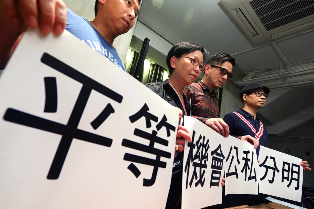 Gay rights advocates (from left) Wallace Kwok, Cyd Ho, Anthony Wong and Brian Leung condemn Chok's remarks. Photo: Felix Wong