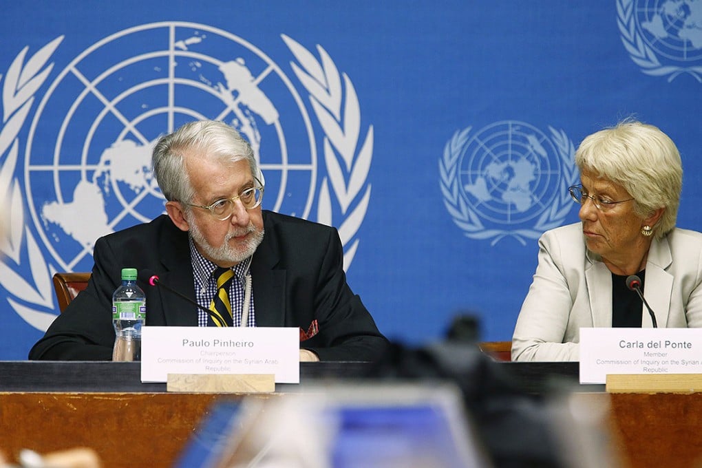 UN investigators Paulo Pinheiro and Carla del Ponte speak to the media at the United Nations headquarters in Geneva. Photo: Reuters
