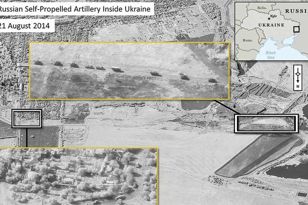 A satellite image provided to Reuters by Supreme Headquarters Allied Powers Europe (SHAPE), shows what is reported to be the presence of Russian self-propelled artillery inside Ukrainian territory. Photo: Reuters