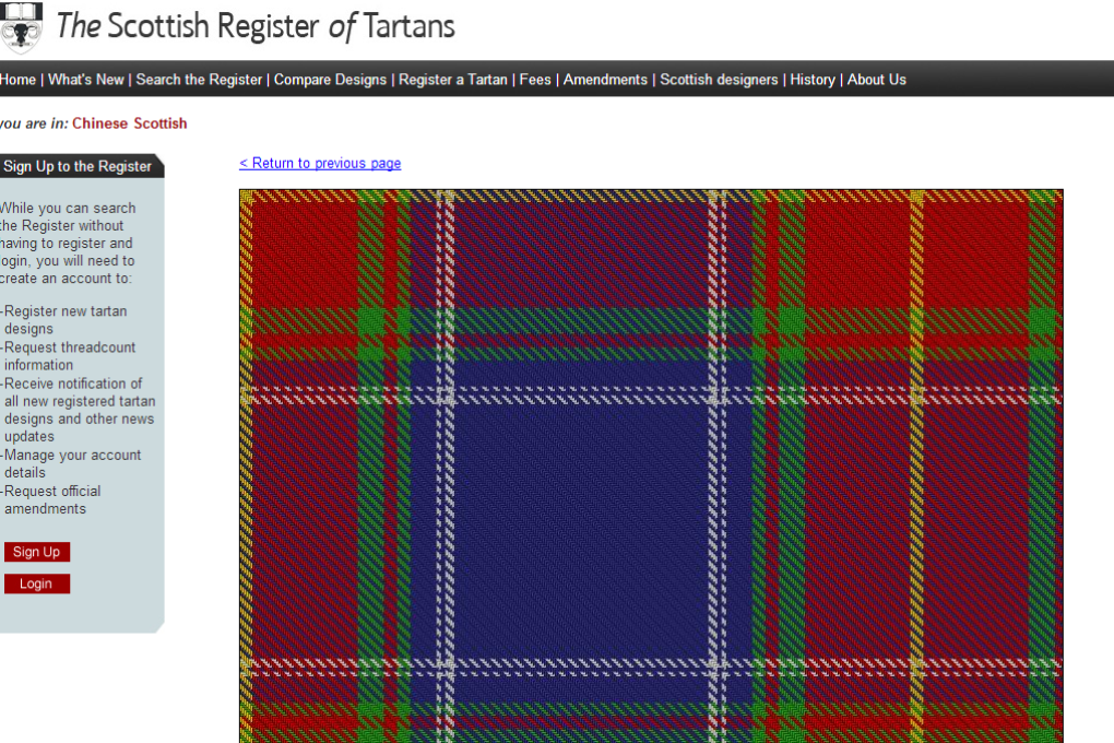 The Chinese Scottish tartan is one of 6,879 tartans on the Scottish Tartan Register. Photo: Screenshot