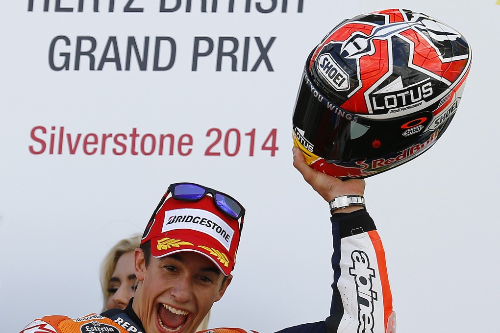 Honda MotoGP rider Marc Marquez of Spain celebrates winning the British Grand Prix at Silverstone. Photo: Reuters