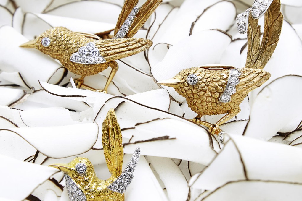 Diamond and gold birds by Cartier (large, HK$113,000; small, HK$110,000) are part of the sale at Palais Royal Paris boutique.