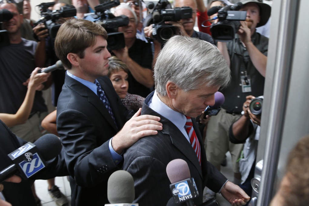Ex-governor of Virginia Bob McDonnell, who with his wife has been found guilty of corruption, arrives at court in Richmond with his son, Bobby. Photo: AP