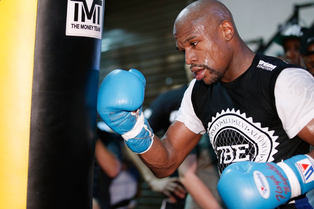 Floyd Mayweather works out in preparation for his upcoming title fight against Marcos Maidana. Photo: AFP
