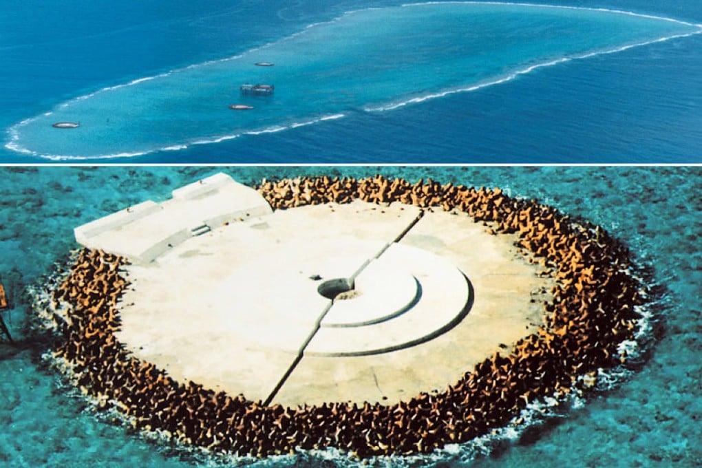 Tiny Okinotorishima, 1,740km from Tokyo, is regarded as the most southerly Japanese island. It is little more than three concreted areas (above) atop rocks surrounded by a coral reef. Photo: AFP