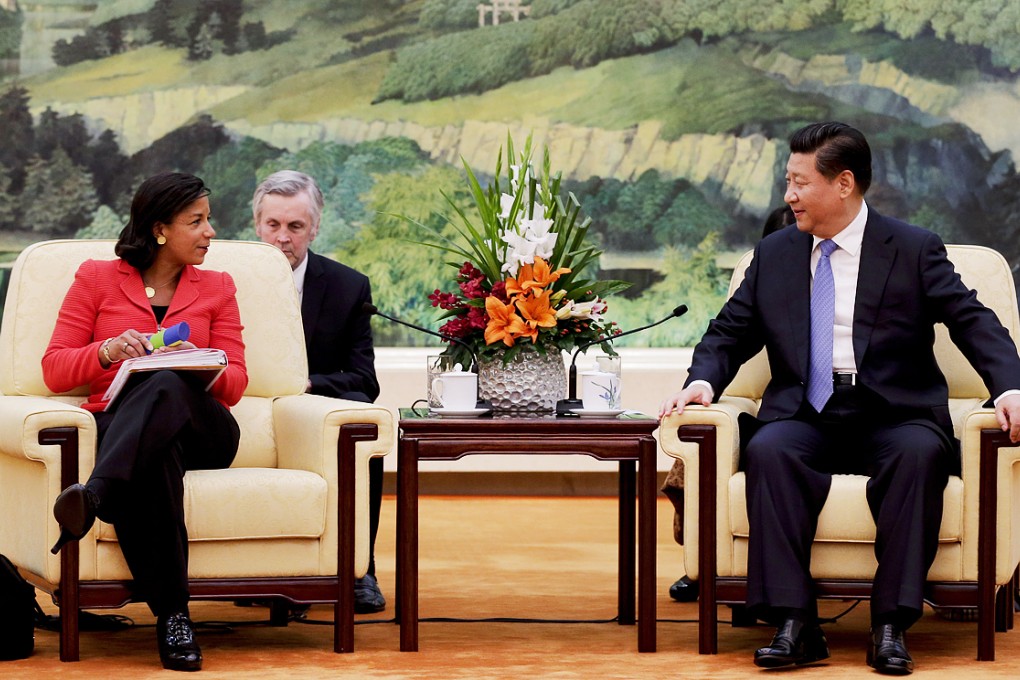 US National Security Adviser Susan Rice speaks to President Xi Jinping at the Great Hall of the People in Beijing yesterday. Photo: Reuters