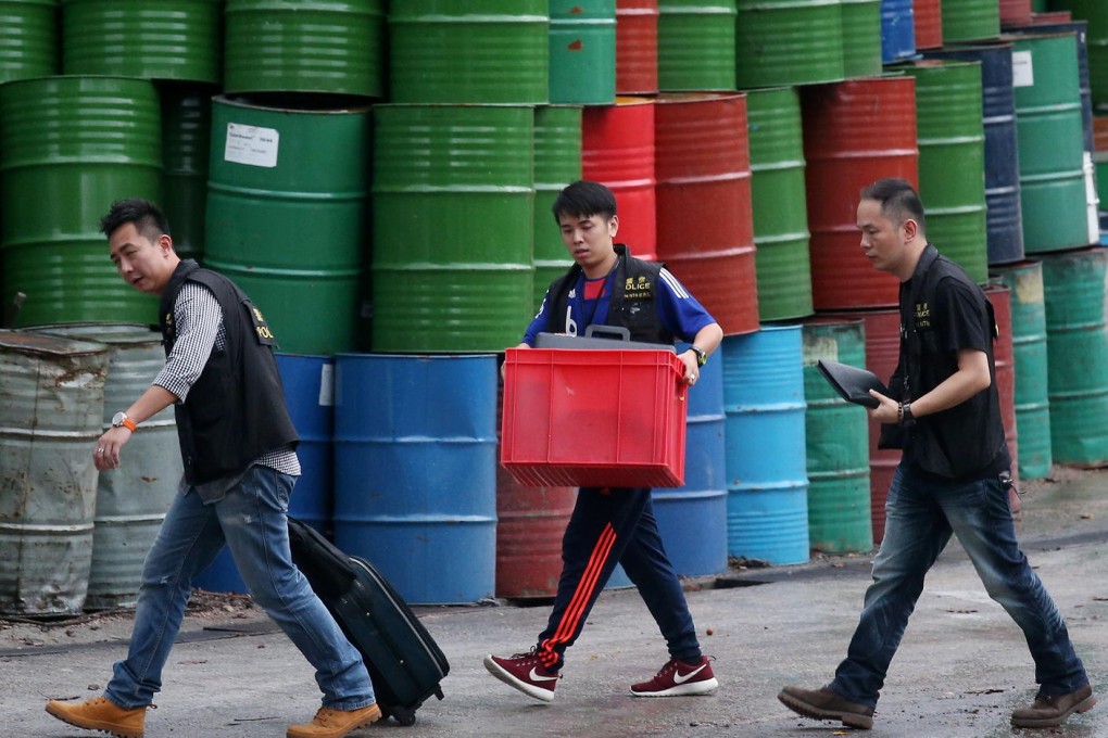 Police officers remove items found in their search of Po Yuen Lard Company, a manufacturer in Yuen Long. Photo: K. Y. Cheng