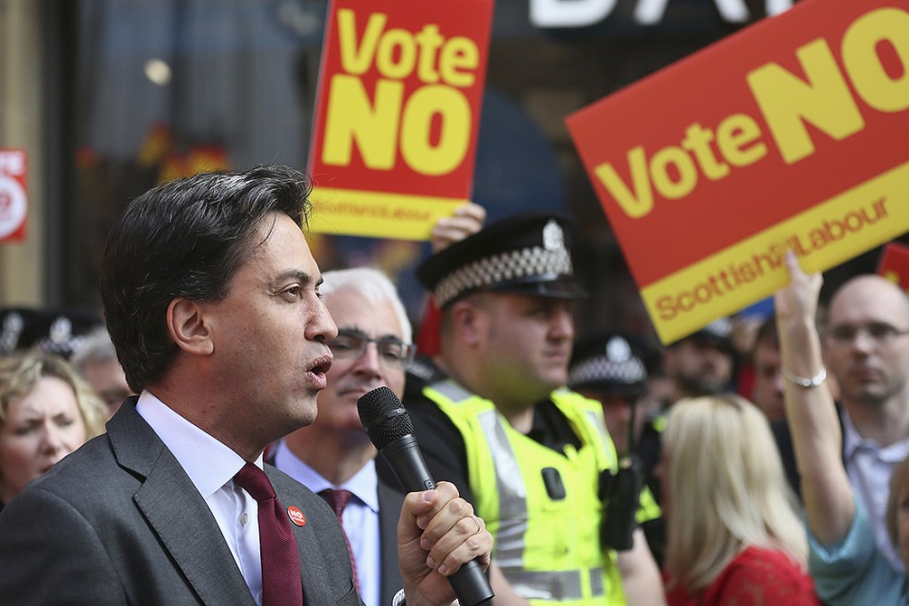 Leader of the Labour party Ed Miliband speaks to a gathering of "No" voters in Glasgow. Photo: Reuters