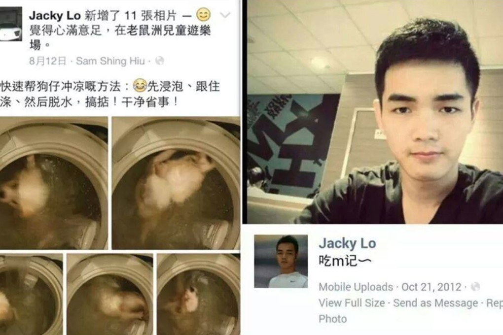 Jacky Lo's Facebook post of a dog put in the washing machine.