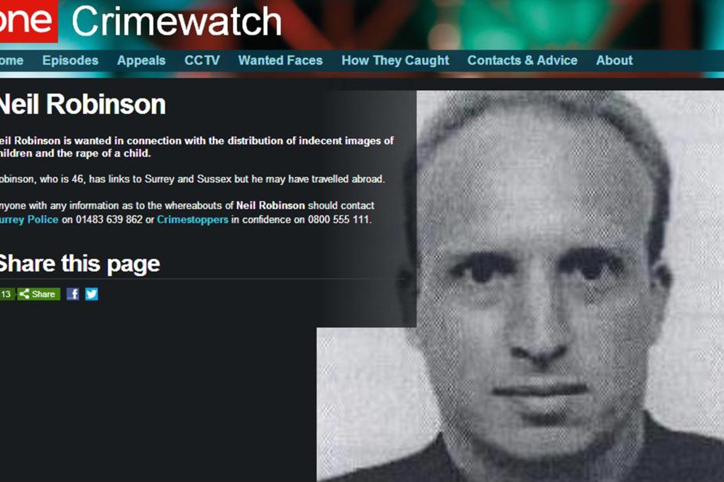 A British television alert about English teacher Neil Robinson, who was detained by Beijing police last year. Photo: SCMP Pictures