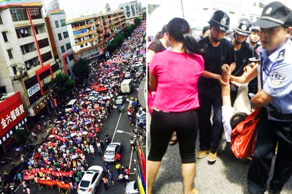 Thousand people protest in Huizhou against a proposed trash incinerator project. The local public security bureau had taken away 32 people for investigation on suspicion of spreading rumours and causing trouble.