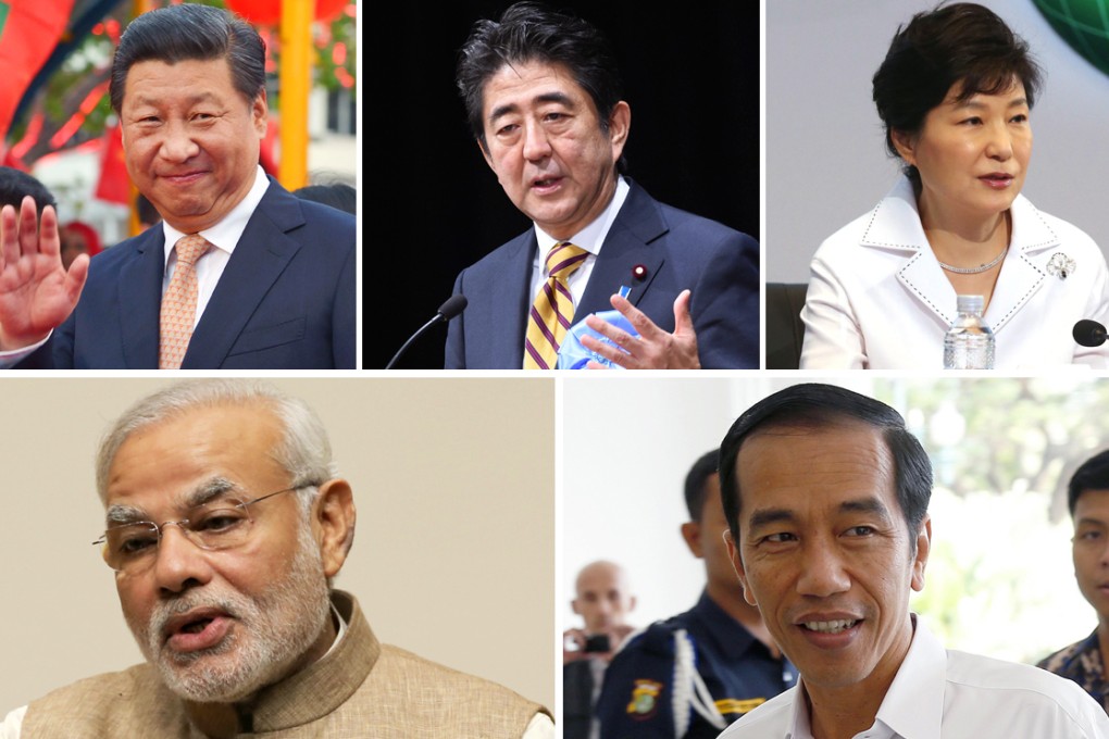 (Clockwise from top-left) Xi Jinping, Shinzo Abe, Park Geun-hye, Basuki Tjahaja Purnama, Narendra Modi. Photos: AFP, EPA, AP