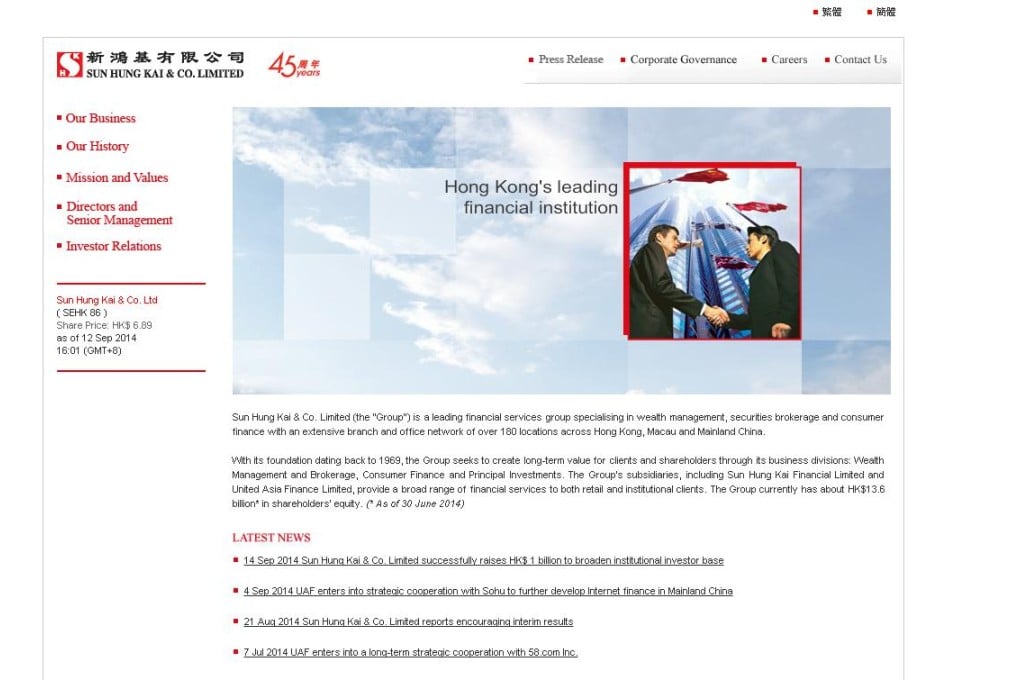 Sun Hung Kai & Co Ltd announced a HK$1 billion share placement to help boost the firm’s loan division. Photo: SCMP Pictures