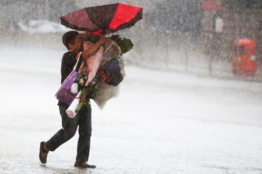 People walk in the rain near Tsim Sha Tsui on September 16, 2014. Photo: Sam Tsang