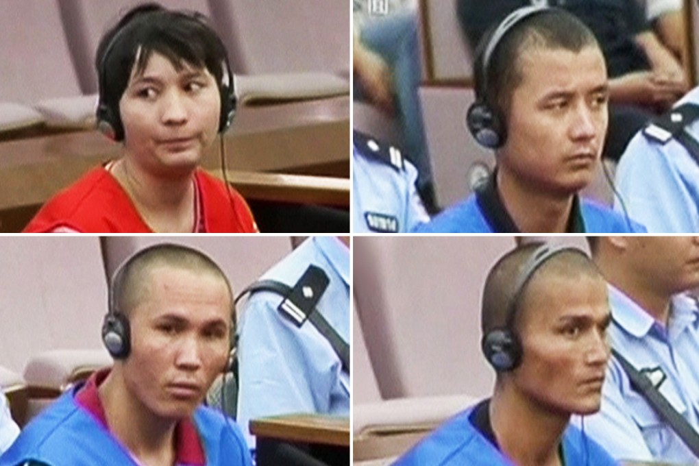 China has sentenced four people to up to 20 years in jail for “plotting terror attacks. Footage of the trial was aired on CCTV. Photo: Screenshot via CCTV