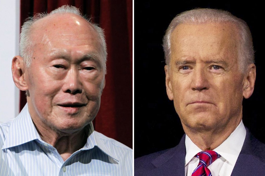 Joe Biden (right) used the word "Orient" when talking about a meeting he had with ex-Singaporean leader Lee Kuan Yew. Photos: Reuters, AFP