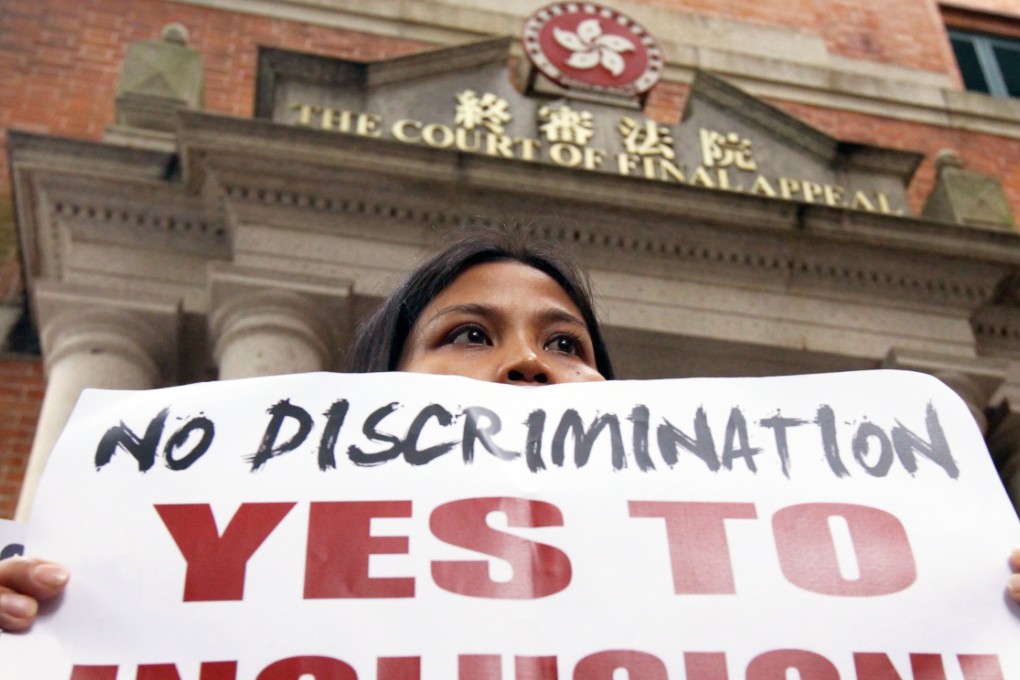 Protestors who support the right of abode of foreign domestic workers outside the Court of Final Appeal last year. Photo: Edward Wong