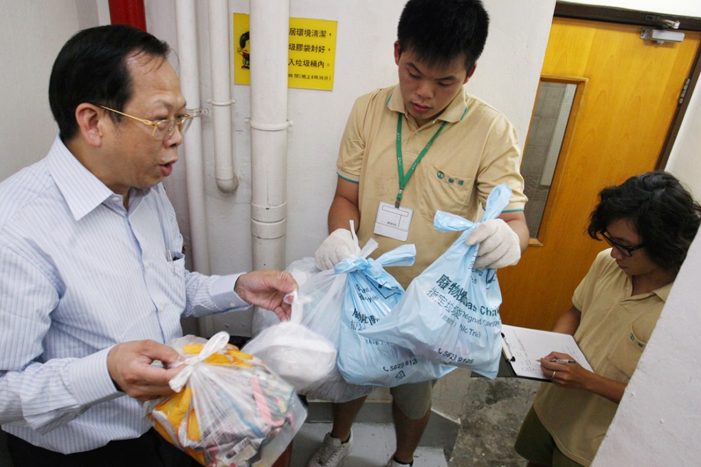 Amoy Gardens owners committee chairman Wilson Yip inspects on the waste disposal of the housing estate with contractor officers. Photo: Dickson Lee