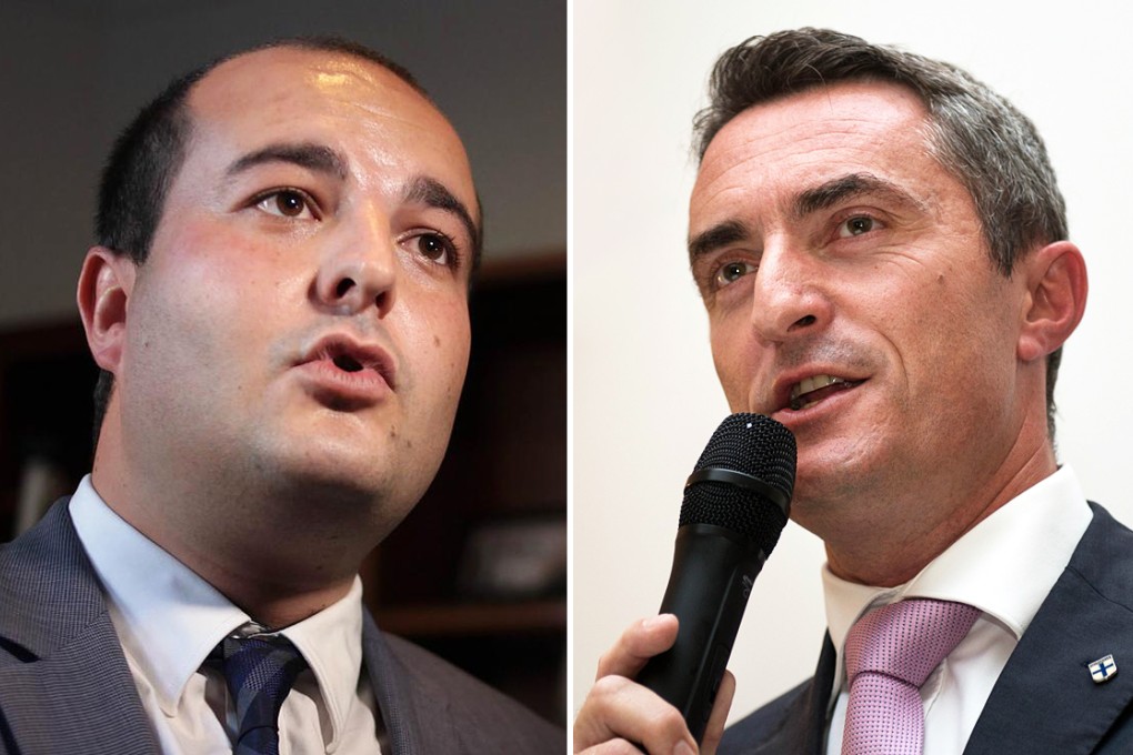 David Rachline (right) and Stephane Ravier speak after the announcement of the results of the French Senate elections. Photos: AFP